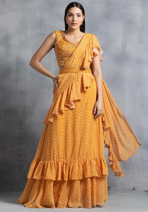 Mustard Bandhani Print Pre-Stitched Saree Set With Embroidered Blouse And Belt