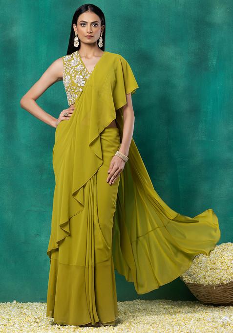 Lime Green Ruffled Pre-Stitched Saree Set With Floral Hand Embroidered Blouse