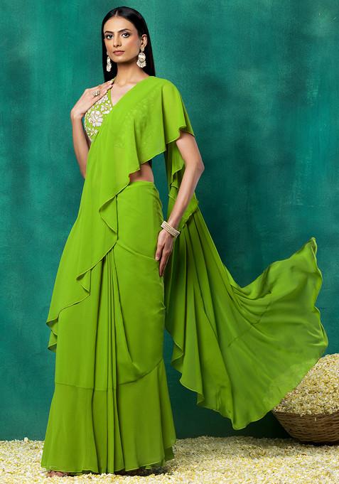 Parrot Green Ruffled Pre-Stitched Saree Set With Floral Hand Embroidered Blouse