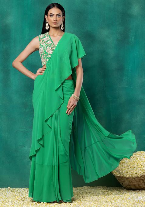 Pista Green Ruffled Pre-Stitched Saree Set With Floral Hand Embroidered Blouse