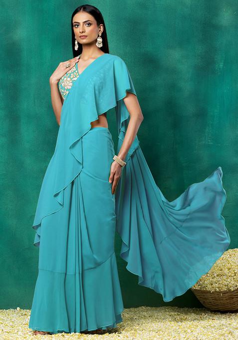 Light Blue Ruffled Pre-Stitched Saree Set With Floral Hand Embroidered Blouse