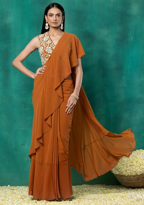 Brown Ruffled Pre-Stitched Saree Set With Floral Hand Embroidered Blouse