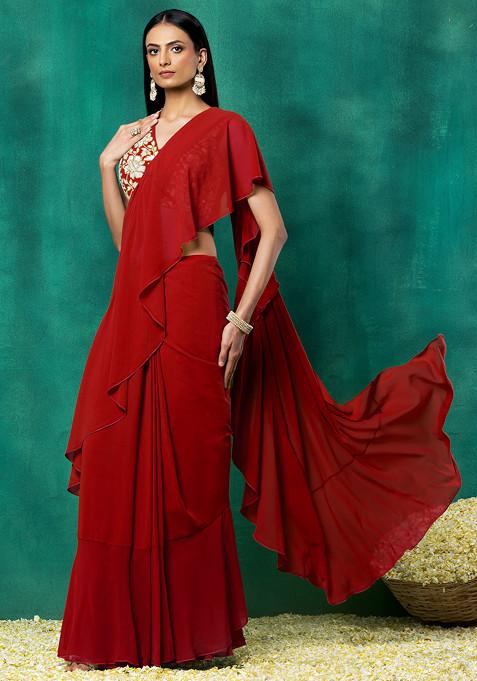 Red Ruffled Pre-Stitched Saree Set With Floral Hand Embroidered Blouse