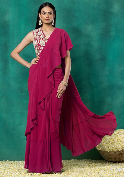 Pink Ruffled Pre-Stitched Saree Set With Floral Hand Embroidered Blouse