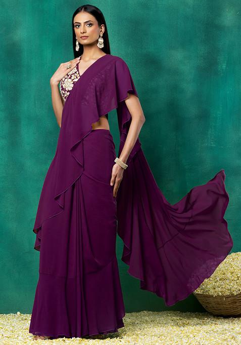 Purple Ruffled Pre-Stitched Saree Set With Floral Hand Embroidered Blouse