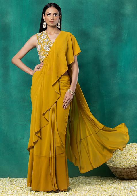 Mustard Ruffled Pre-Stitched Saree Set With Floral Hand Embroidered Blouse