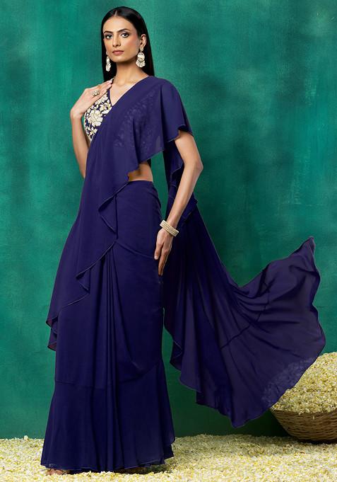 Indigo Blue Ruffled Pre-Stitched Saree Set With Floral Hand Embroidered Blouse