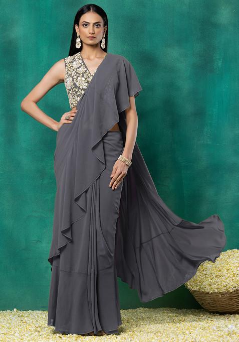 Grey Ruffled Pre-Stitched Saree Set With Floral Hand Embroidered Blouse