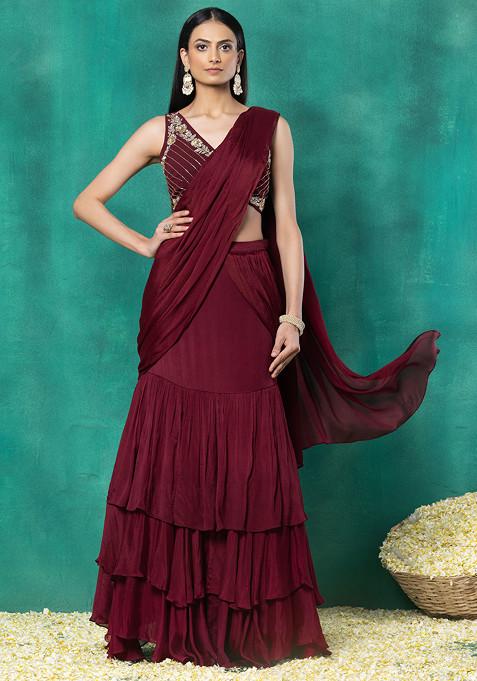 Maroon Ruffled Pre-Stitched Saree Set With Floral Mirror Hand Embroidered Blouse