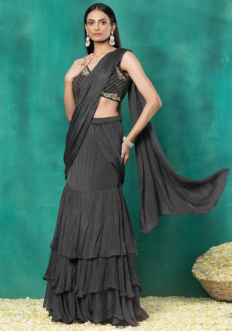 Charcoal Black Ruffled Pre-Stitched Saree Set With Floral Mirror Hand Embroidered Blouse
