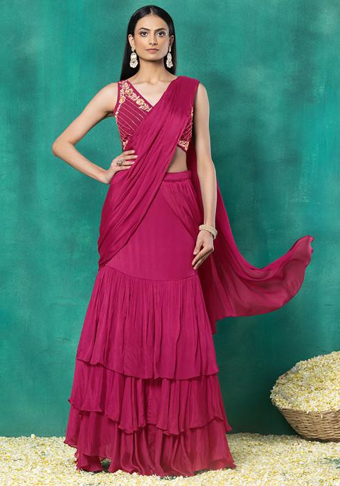 Hot Pink Ruffled Pre-Stitched Saree Set With Floral Mirror Hand Embroidered Blouse