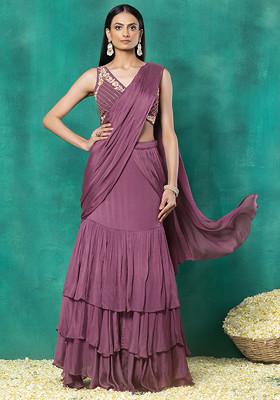 Mauve Ruffled Pre-Stitched Saree Set With Floral Mirror Hand Embroidered Blouse