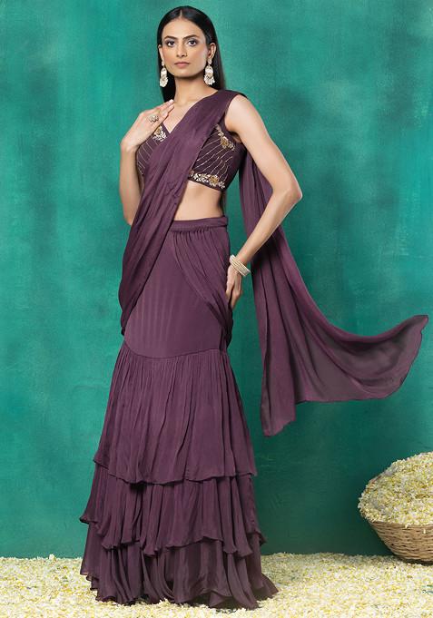 Mauve Ruffled Pre-Stitched Saree Set With Floral Mirror Hand Embroidered Blouse