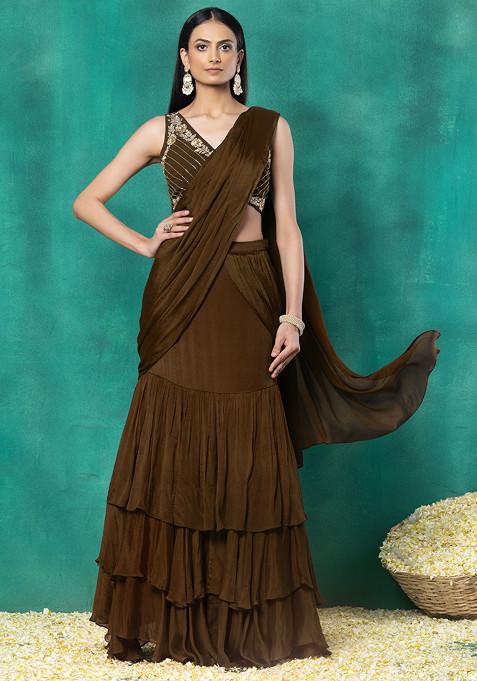 Copper Ruffled Pre-Stitched Saree Set With Floral Mirror Hand Embroidered Blouse