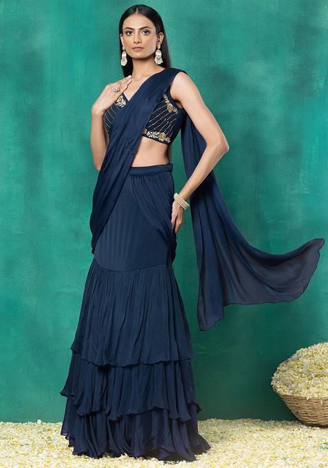Teal Blue Ruffled Pre-Stitched Saree Set With Floral Mirror Hand Embroidered Blouse