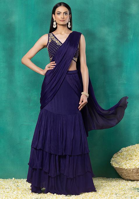Indigo Blue Ruffled Pre-Stitched Saree Set With Floral Mirror Hand Embroidered Blouse