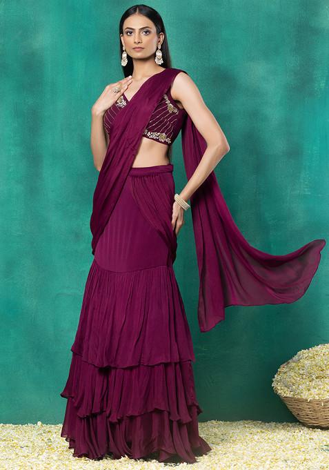 Wine Ruffled Pre-Stitched Saree Set With Floral Mirror Hand Embroidered Blouse