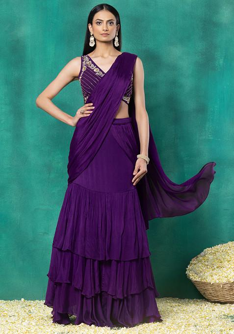 Purple Ruffled Pre-Stitched Saree Set With Floral Mirror Hand Embroidered Blouse