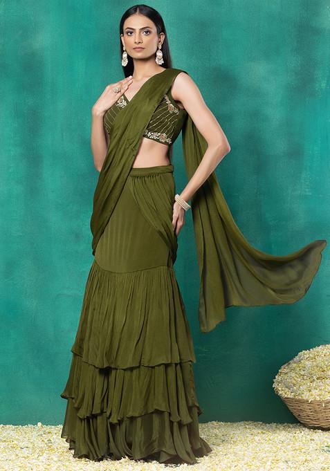 Olive Green Ruffled Pre-Stitched Saree Set With Floral Mirror Hand Embroidered Blouse
