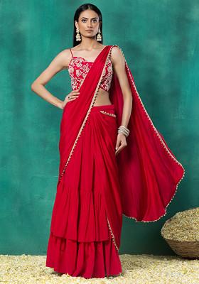 Rani Pink Tiered Pre-Stitched Saree Set With Floral Pearl Hand Embroidered Blouse