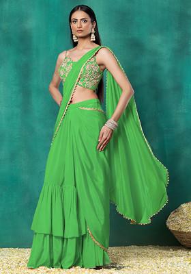 Green Tiered Pre-Stitched Saree Set With Floral Pearl Hand Embroidered Blouse