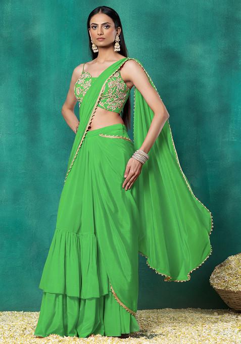 Green Tiered Pre-Stitched Saree Set With Floral Pearl Hand Embroidered Blouse