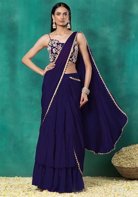 Indigo Blue Tiered Pre-Stitched Saree Set With Floral Pearl Hand Embroidered Blouse
