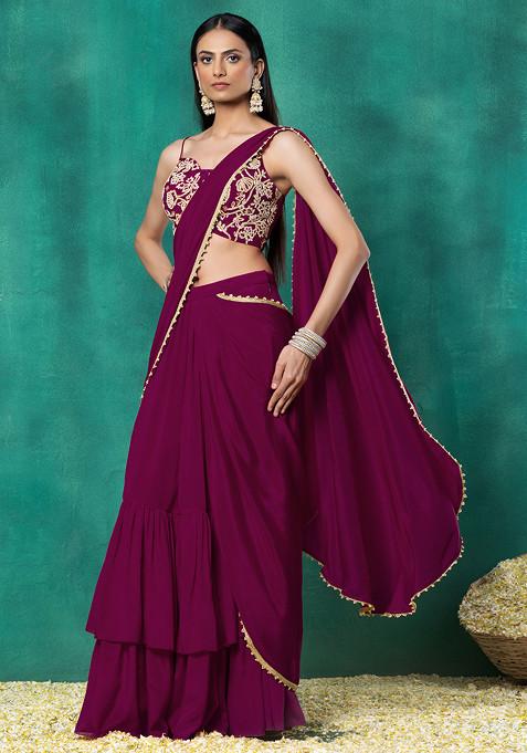 Wine Tiered Pre-Stitched Saree Set With Floral Pearl Hand Embroidered Blouse