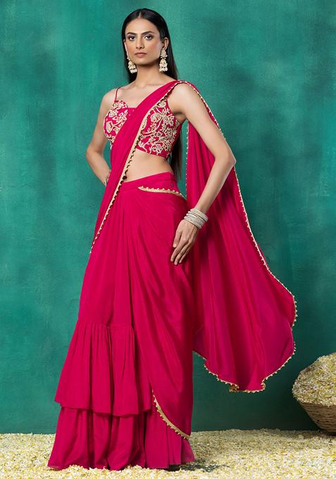 Hot Pink Tiered Pre-Stitched Saree Set With Floral Pearl Hand Embroidered Blouse
