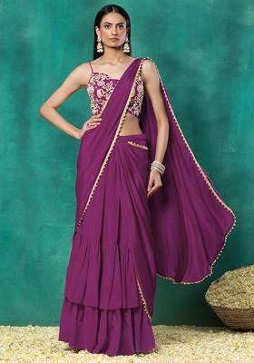 Onion Pink Tiered Pre-Stitched Saree Set With Floral Pearl Hand Embroidered Blouse