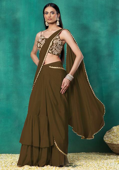 Copper Tiered Pre-Stitched Saree Set With Floral Pearl Hand Embroidered Blouse