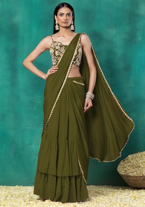 Olive Green Tiered Pre-Stitched Saree Set With Floral Pearl Hand Embroidered Blouse