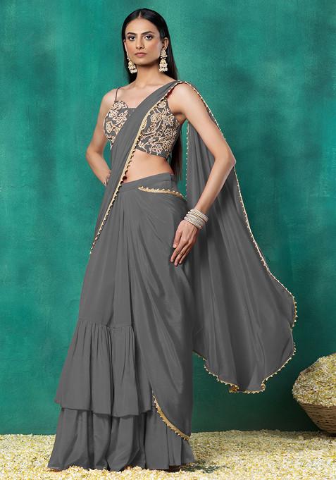 Grey Tiered Pre-Stitched Saree Set With Floral Pearl Hand Embroidered Blouse