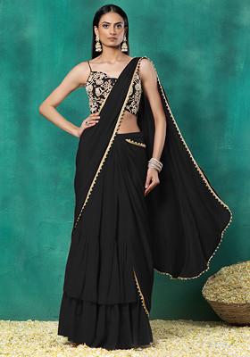 Black Tiered Pre-Stitched Saree Set With Floral Pearl Hand Embroidered Blouse