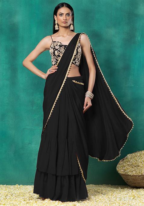 Black Tiered Pre-Stitched Saree Set With Floral Pearl Hand Embroidered Blouse