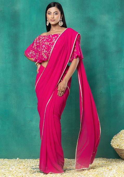 Pink Pre-Stitched Saree Set With Sequin Hand Embroidered Off Shoulder Blouse