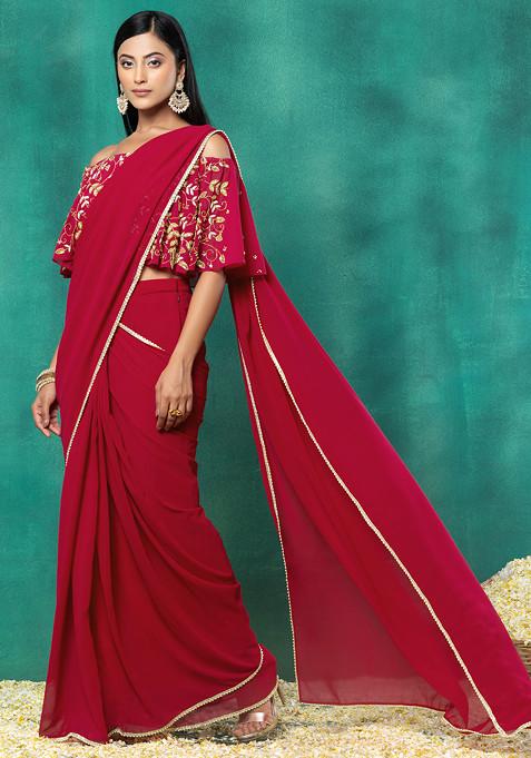 Red Pre-Stitched Saree Set With Sequin Hand Embroidered Off Shoulder Blouse