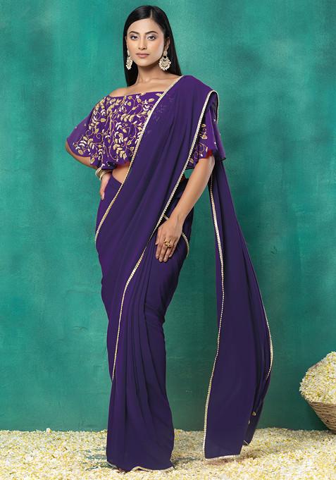 Indigo Blue Pre-Stitched Saree Set With Sequin Hand Embroidered Off Shoulder Blouse
