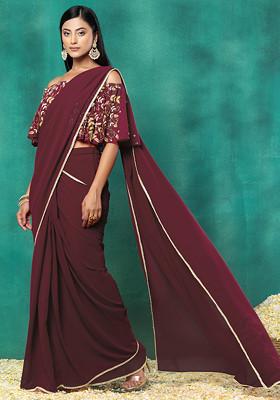 Brick Red Pre-Stitched Saree Set With Sequin Hand Embroidered Off Shoulder Blouse