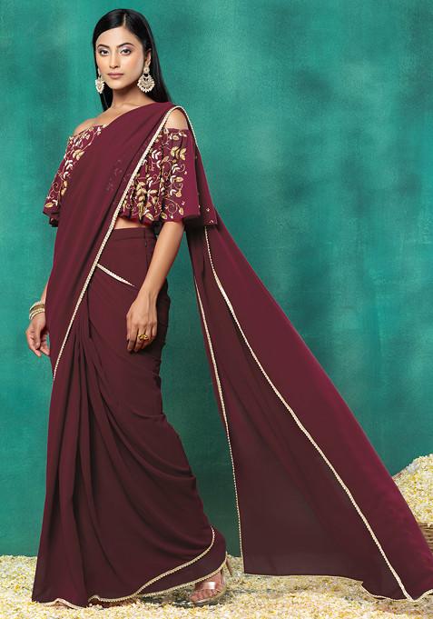 Brick Red Pre-Stitched Saree Set With Sequin Hand Embroidered Off Shoulder Blouse