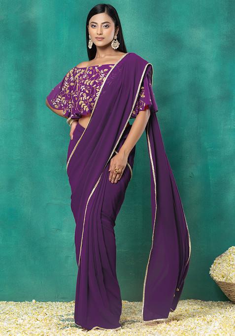 Deep Mauve Pre-Stitched Saree Set With Sequin Hand Embroidered Off Shoulder Blouse