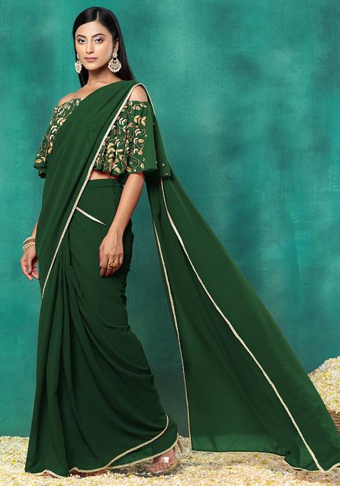 Deep Green Pre-Stitched Saree Set With Sequin Hand Embroidered Off Shoulder Blouse