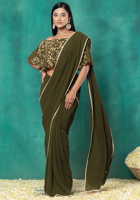 Olive Green Pre-Stitched Saree Set With Sequin Hand Embroidered Off Shoulder Blouse