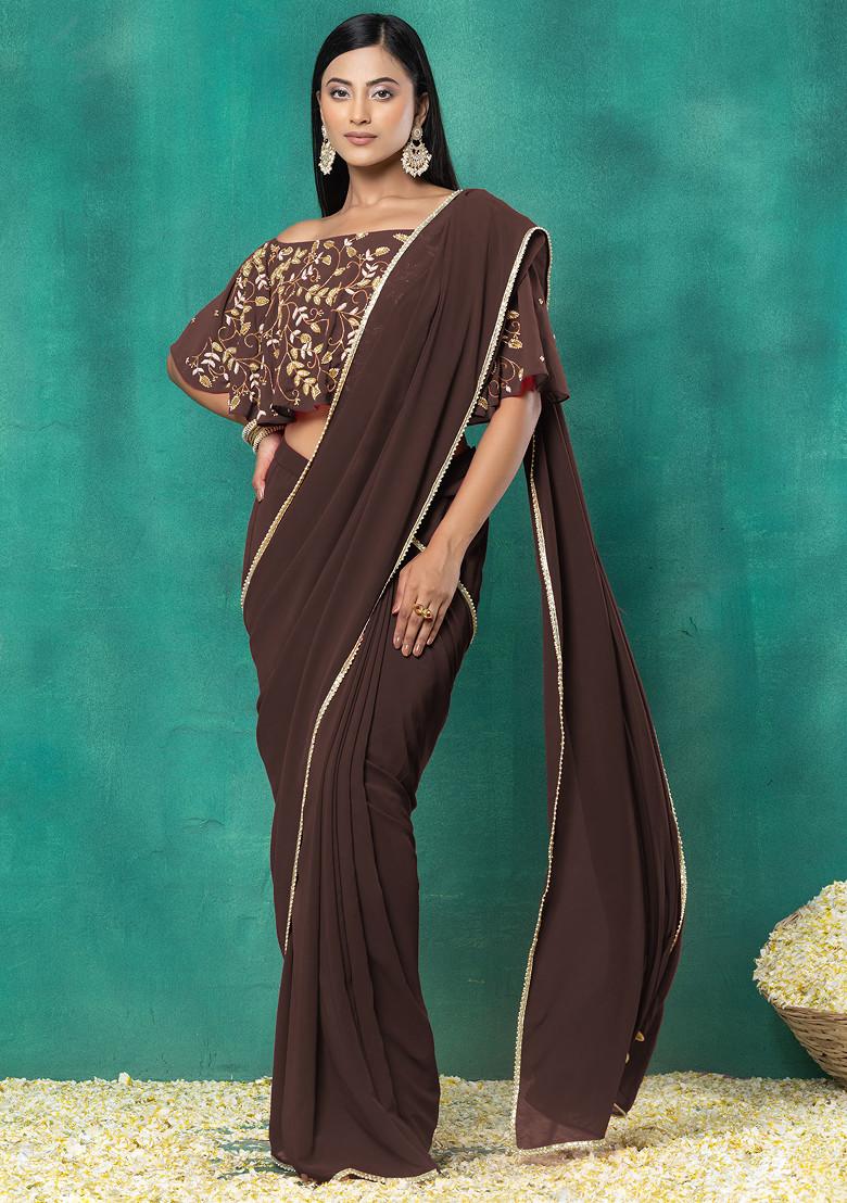 Dark Brown Pre-Stitched Saree Set With Sequin Hand Embroidered Off Shoulder Blouse