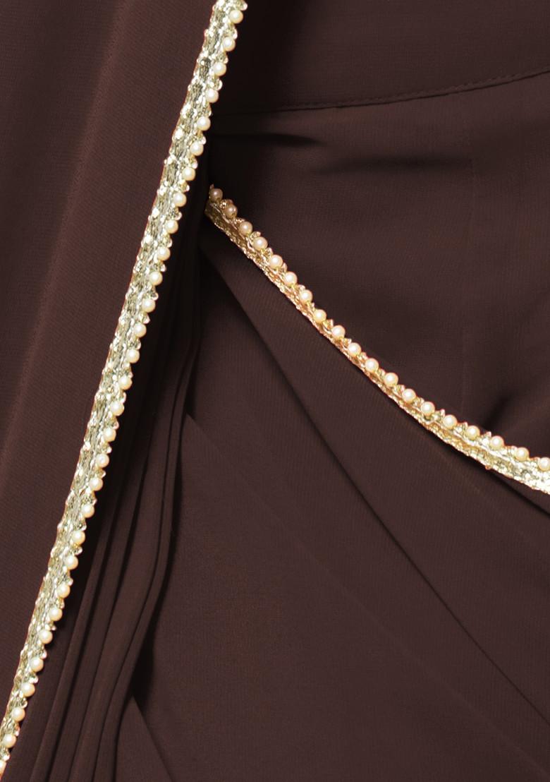 Dark Brown Pre-Stitched Saree Set With Sequin Hand Embroidered Off Shoulder Blouse