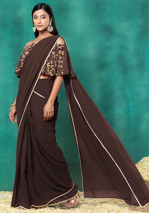 Dark Brown Pre-Stitched Saree Set With Sequin Hand Embroidered Off Shoulder Blouse