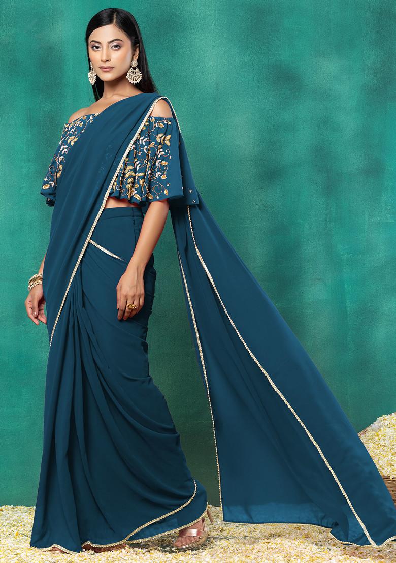 Teal Pre-Stitched Saree Set With Sequin Hand Embroidered Off Shoulder Blouse