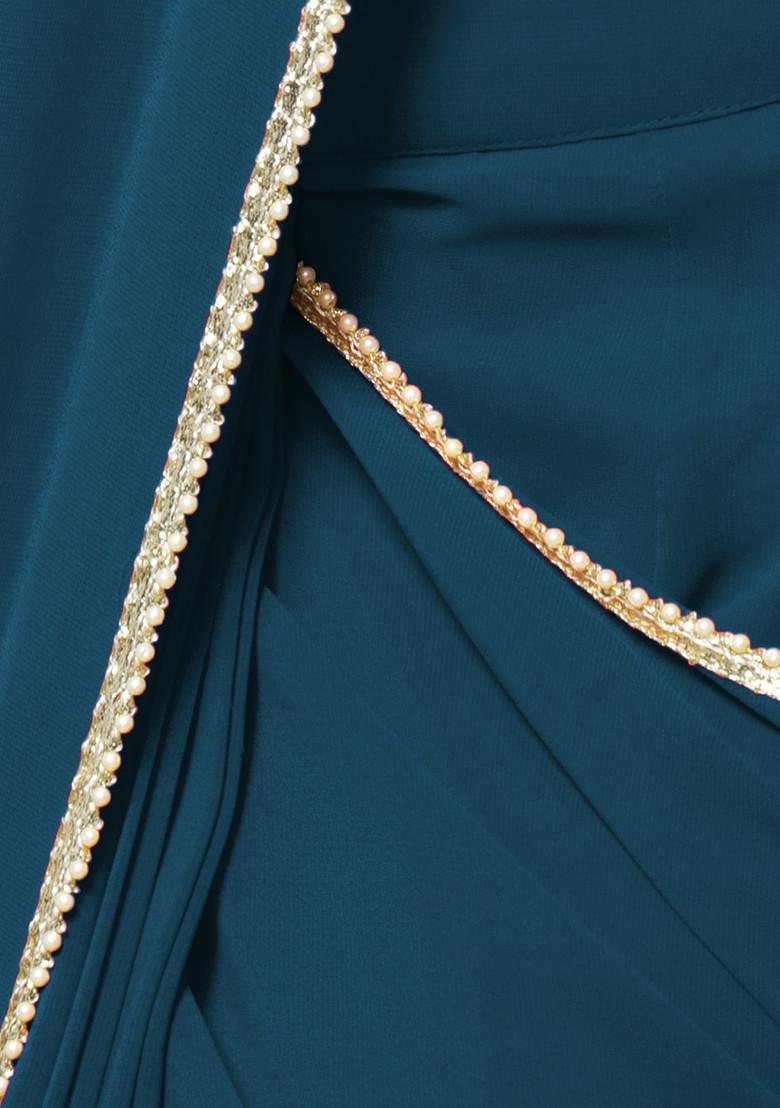 Teal Pre-Stitched Saree Set With Sequin Hand Embroidered Off Shoulder Blouse