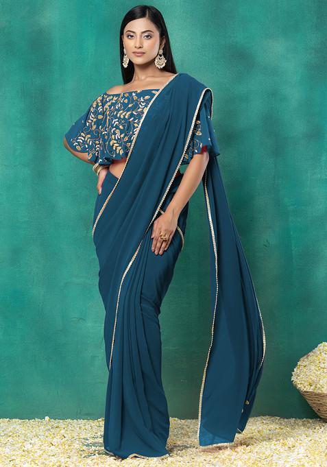 Teal Pre-Stitched Saree Set With Sequin Hand Embroidered Off Shoulder Blouse