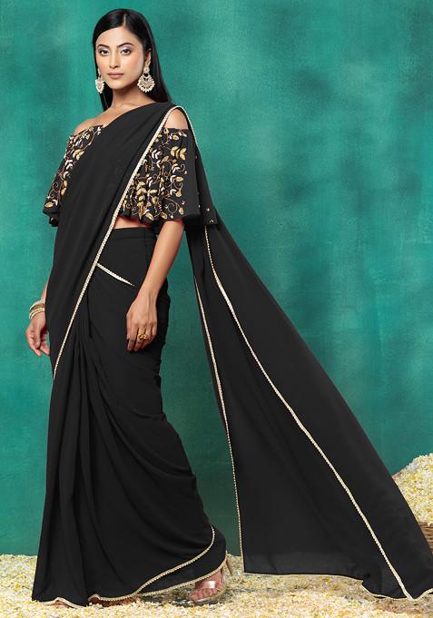 Black Pre-Stitched Saree Set With Sequin Hand Embroidered Off Shoulder Blouse